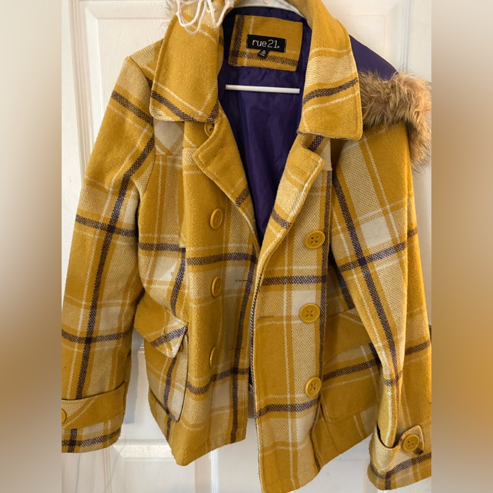 Rue21 Mustard Plaid Jacket with Faux Fur